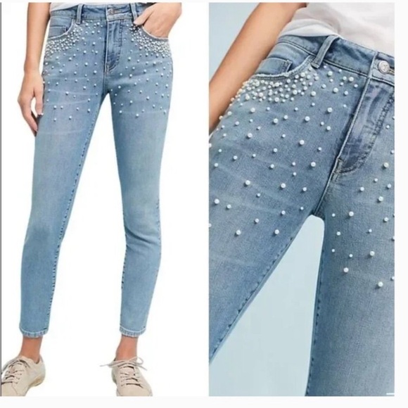 Pilcro Anthropologie Script High Rise Pearl Embellished Skinny Jeans sz 28 - Picture 1 of 13